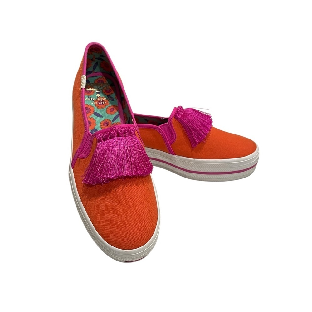 kate spade Orange Canvas Slip-On Sneakers with Hot Pink Tassels